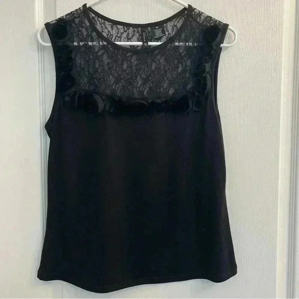 Black Dressy Tank Top With Lace and Flower Details